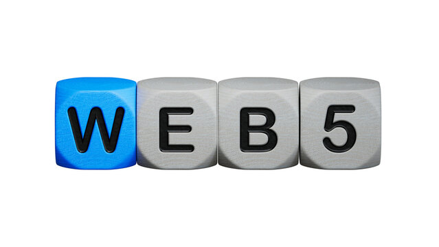 wooden cube block with web 5 business word.close up of wooden elements,Business Concept.Supports PNG files with transparent backgrounds.