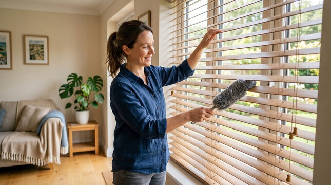 Woman dusting window blind slats with duster in cozy living room setting. Dusting window blind slats creates a fresh atmosphere, enhancing natural light in warm space.