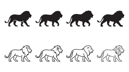 Obraz premium Set of lion silhouettes and line art icons isolated on white background.