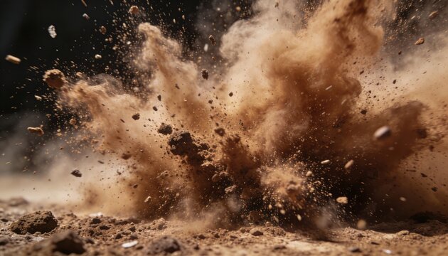 Dramatic close-up of dynamic dust cloud and rock fragments explode from impact, creating a powerful, chaotic motion against a dark, undefined background, evoking raw force, energy, and sudden disrupti