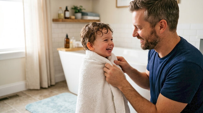 Father drying child after bath with fluffy towel in cozy bathroom. Father gently wraps child in soft towel, creating a joyful moment filled with laughter.