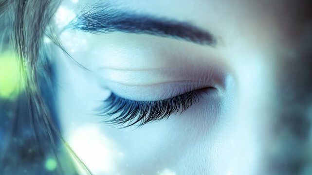 A female eye is shown with vibrant colors and intricate details emphasizing the iris and pupil in bright light