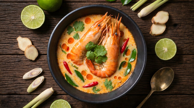 Premium Tom Yum Goong spicy river prawn soup bowl positioned dead center on dark teak wood table top-down flat lay view close-up macro
