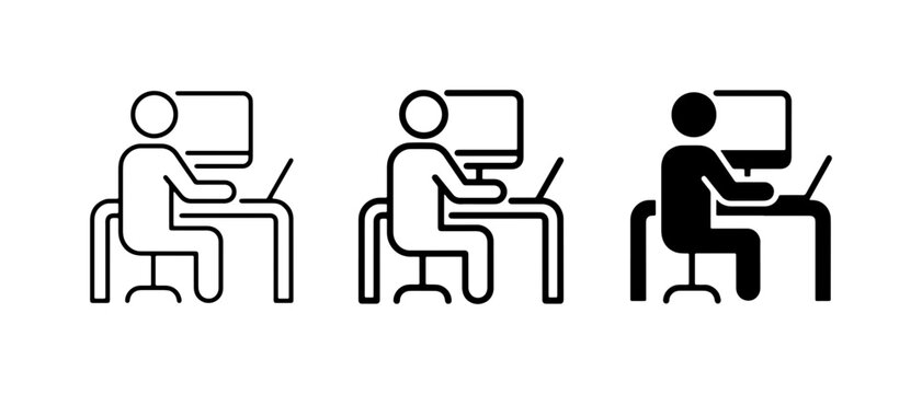 Person Working at Desk Icons, Computer, Laptop, Office Setup, Minimalist Design