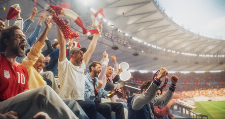 Naklejka premium Diverse Men and Women in Stadium Seating Explode Into Joyous, Cheers During a Soccer Championship Match, Raising Scarves and a Tambourine as Confetti Falls After a Dramatic Score.