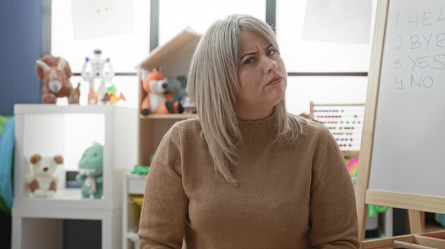 Woman teacher, blonde, with arms crossed and pointing finger beside a whiteboard and abacus among toys in a classroom building; discipline disapproval.