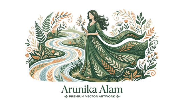 Beautiful woman in a flowing green dress walking in a whimsical botanical garden.