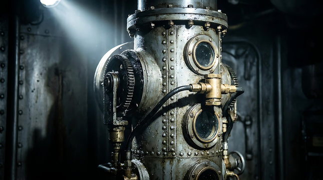 Intricate Submarine Periscope Housing Details Featuring Riveted Metal Components and Brass Valves