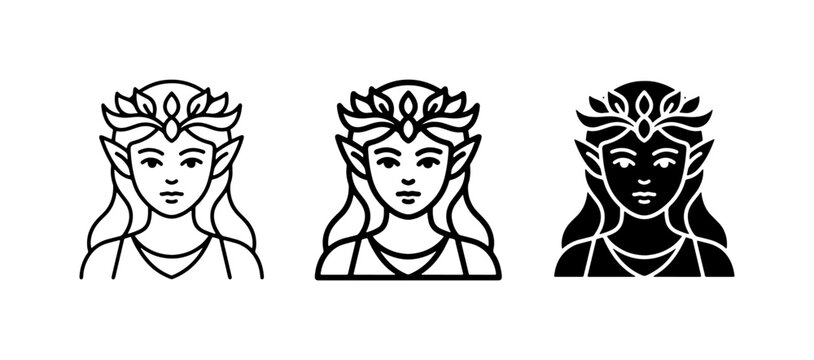Fantasy Elf Woman Icons, Mythical Creature Portraits, Elegant Goddess Vector Graphics