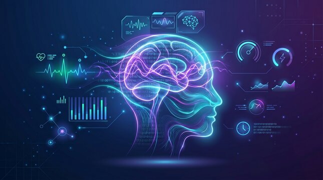 Abstract concept art of a digital human head silhouette with a glowing brain interface, neural networks, binary code, and medical vital sign analytics.