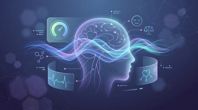 Abstract concept art of a digital human head silhouette with a glowing brain interface, neural networks, binary code, and medical vital sign analytics.