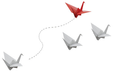 group of blue paper swans are sailing in one direction, one red is sailing in the opposite direction. The concept of an extraordinary personality © feng