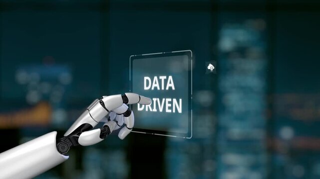 A robotic hand interacts with digital icons representing data and analytics in a futuristic smart office. The modern setting features a city skyline at night, emphasizing innovation. Synapse