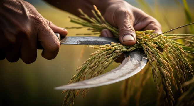 Close-up of farmer harvesting ripe rice stalks with a sickle in a golden field.