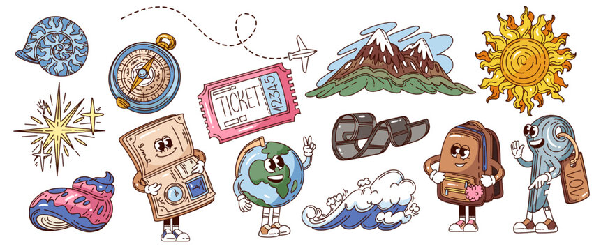 Travel Icons Set with groovy cartoon characters including backpack, globe, key, map, ticket, ocean wave, sun, mountains and accessories. Travel icons set in retro outline style vector illustration.