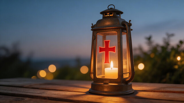 Lantern with candle and cross on wooden surface symbolizing the limitless potential of digital design