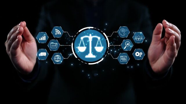 Futuristic digital law interface displaying justice scale, highlighting digital law, AI compliance, digital law systems, and digital law regulations for secure governance. Elide