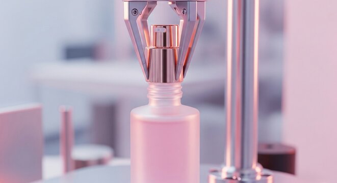 Automated filling machine attaching a rose gold spray nozzle to a frosted pink perfume bottle