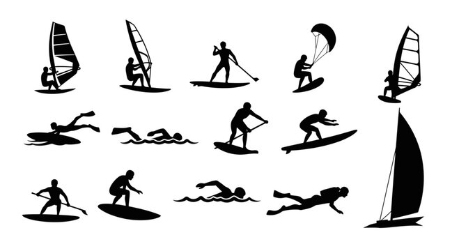 Wind Surfing Silhouette Icons.