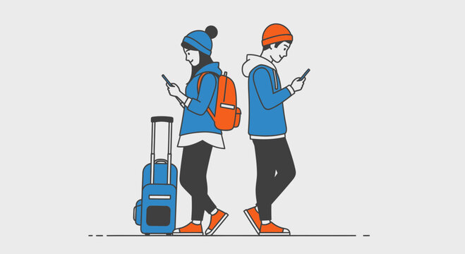 Young travelers with luggage walking.
