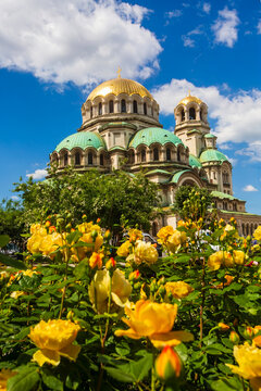 Scenic view of St Alexander Nevsky Cathedral with yellow roses in the foreground in Sofia Bulgaria