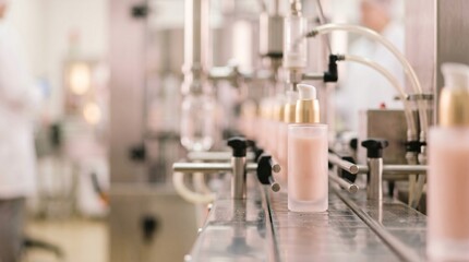 Cosmetics manufacturing line with filling bottles and automated machinery in a sterile environment