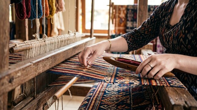 Traditional Weaver Creating Handwoven Fabric on Loom, Cultural Heritage and Textile Craftsmanship Concept Handmade Textile Production and Cultural Tradition