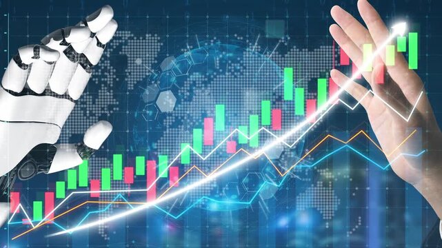 A futuristic scene showcasing a robot hand and a human hand interacting with a vibrant financial chart, symbolizing the blend of technology and human insight in investment. Copula