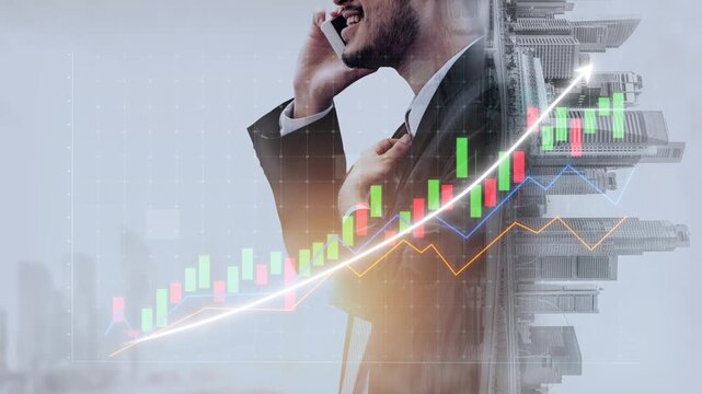 A businessman engages in a phone call amidst a backdrop of a financial growth graph, symbolizing success and opportunity in a bustling urban setting. Copula
