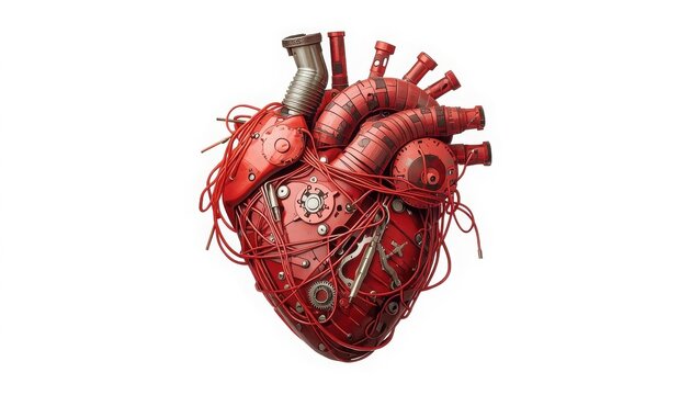 A highly detailed mechanical heart with wires and tubes on isolated white background