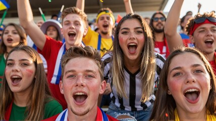 Fototapeta premium Enthusiastic group of young football fans cheering in stadium stands