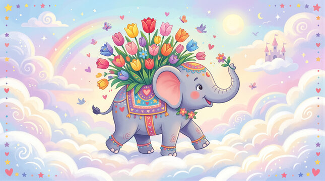 Happy Elephant Carrying Blooming Tulip Garden