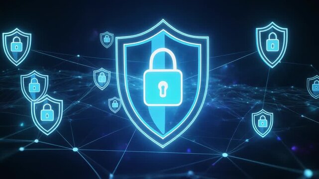 A glowing blue padlock inside a shield surrounded by interconnected digital nodes, symbolizing cybersecurity, data protection, encryption, and secure global network communication in futuristic design.
