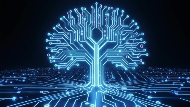 A glowing blue tree made of circuit lines and nodes on a dark background, symbolizing digital growth, technology evolution, and the fusion of nature and innovation.