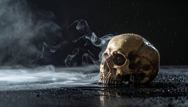 Human skull on dark background smoke.