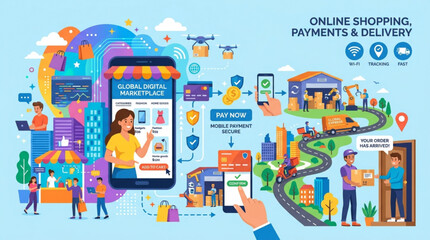 Naklejka premium People are using mobile phones for online shopping and payments in a city environment with various transactions and deliveries happening around them.