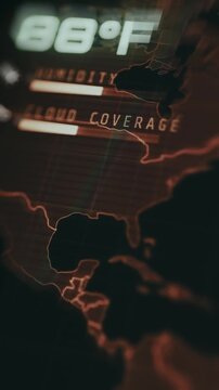 USA on a dark stylized world map with data indicators for temperature, humidity and cloud coverage