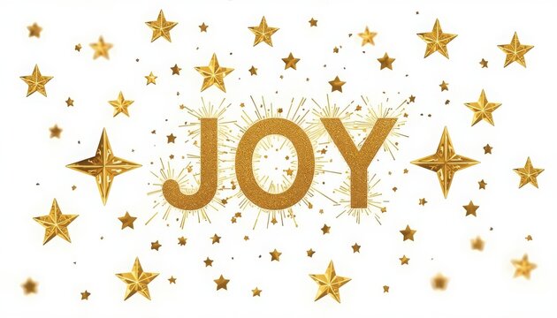 Golden stars and sparks forming the word joy on white background