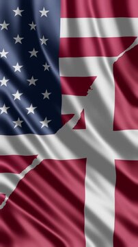 Waving digital video footage merging USA American flag texture with Denmark Dannebrog flag borders animation