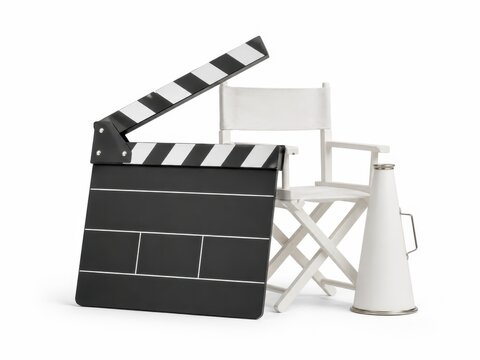 Opened film slate leaning against a small white director chair miniature and a plain megaphone prop movie set direction concept isolated on white background clean studio setup soft natural shadow