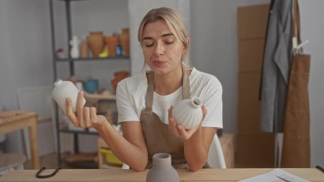 Young woman holds two ceramic vases in both hands, comparing shapes while seated at a pottery studio table; contemplation craft focus.