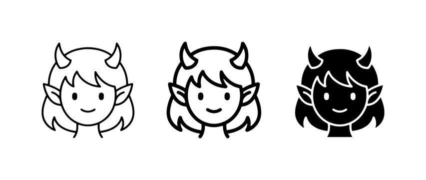 Cute Devil Icons, Demon Girl Faces, Fantasy Character Emotes, Vector Art