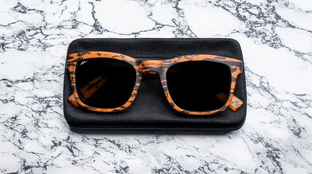 Sophisticated eyewear: brown sunglasses alongside a minimalistic black case and breathable cleaning cloth.