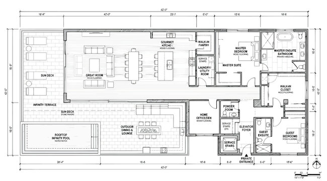 Architectural floor plan of a luxury penthouse apartment with infinity pool and outdoor deck
