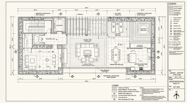 Architectural floor plan for a luxury residential roof terrace with lounge and dining zones
