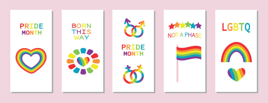 Happy Pride month poster background vector set. LGBTQ community symbol with rainbow, pride flag, heart. Design for celebration, bisexual, transgender, gender equality.