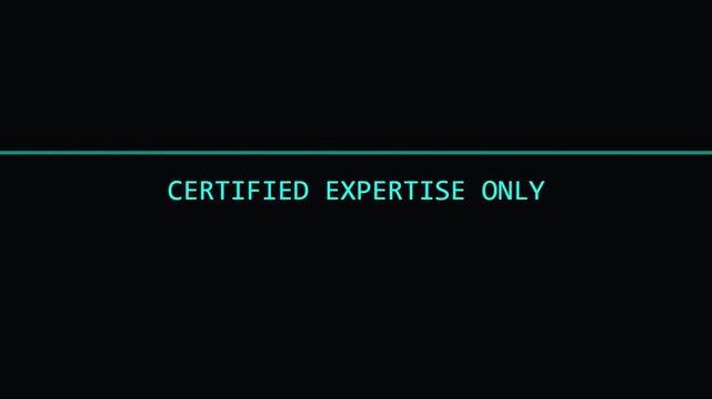 Minimal typography animation featuring certified expertise message with moving horizontal line on dark background creating futuristic corporate visuals