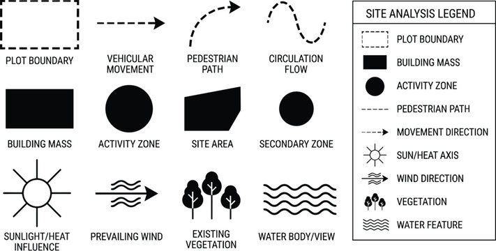 Architectural site analysis legend vector, landscape planning symbols for urban design, black and white diagram icons for site mapping and zoning