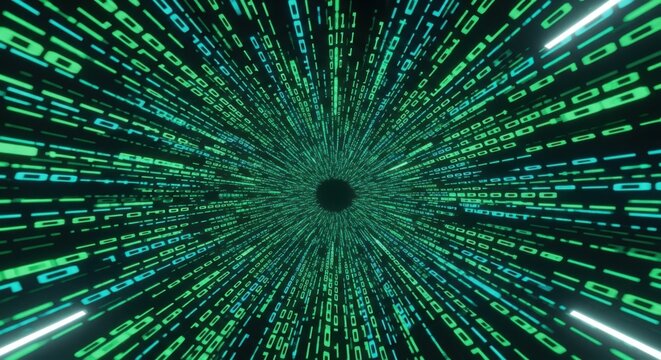 Abstract digital tunnel of green binary code streaks accelerating towards a dark center