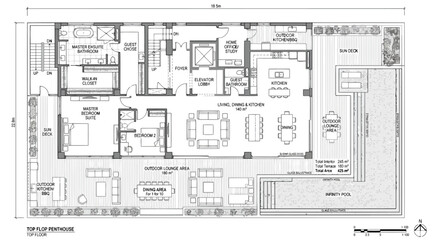 Detailed floor plan of a highend penthouse with private elevator and infinity pool © Saharia